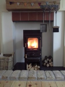 small wood burning stove in a small fireplace