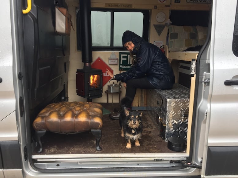 tiny woodstove in a van