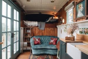small wood burning stove in a converted horsebox