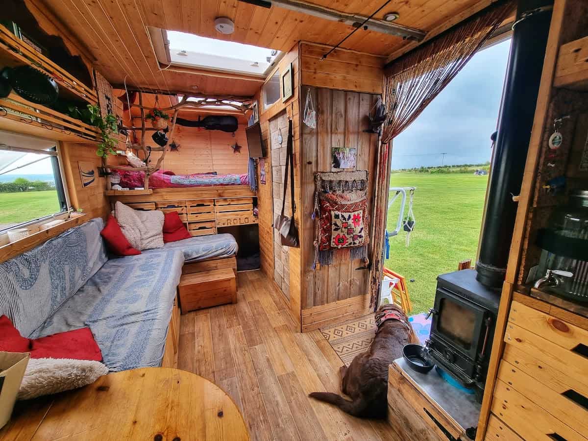 small wood burning stove in a converted removals lorry campervan 1