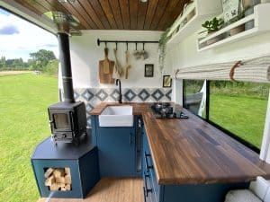 Hobbit small wood burning stove installed in a Mercedes Sprinter by Vanfolk 1
