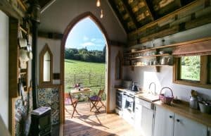 Hobbit small wood burning stove installed in a tiny home on wheels Holly at Hesleyside Estate 5
