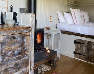 The Hobbit small wood burning stove installed in a rustic shepherds hut Leonora 3