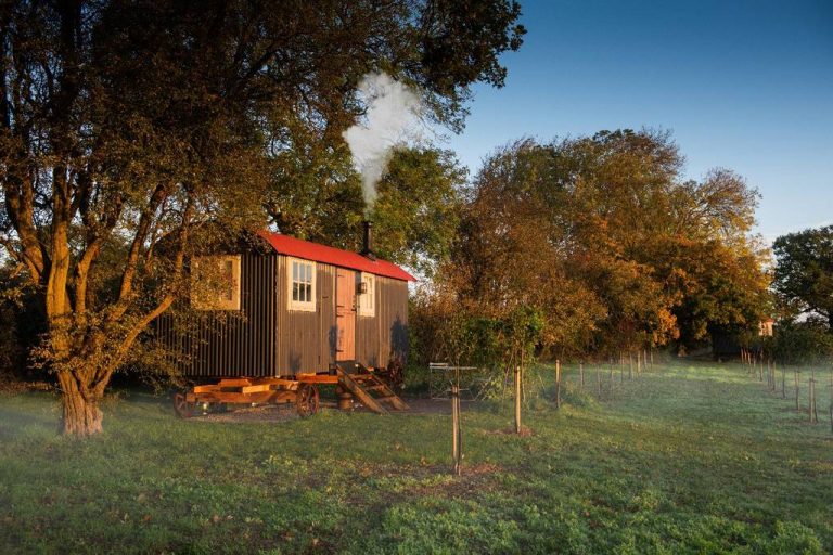 The Hobbit small wood burning stove installed in a shepherds hut Old Tinny Stamford Cider Huts 15